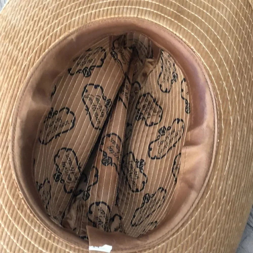 Country Gentleman’s Corduroy Wide Brim Ranch Hat in Tan Feather and braid accent